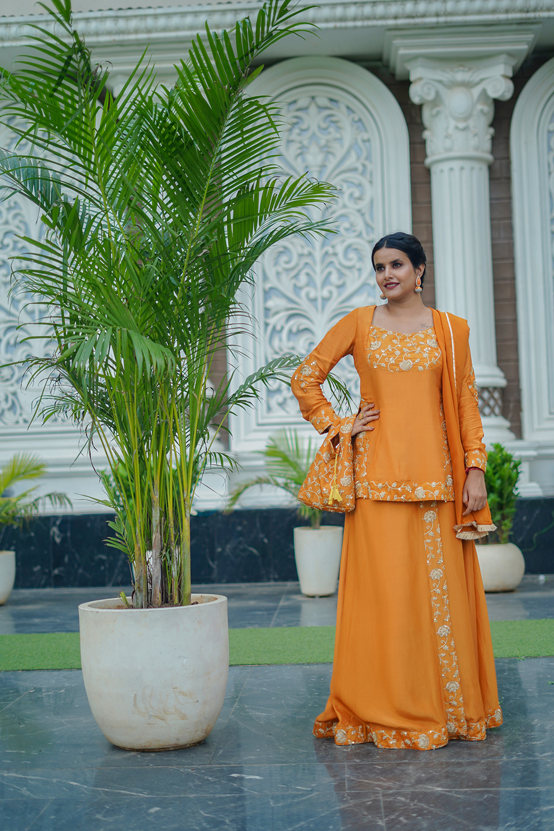V Glame Rust Orange Glamour Three-Piece Set – Viscose & Organza Ensemble